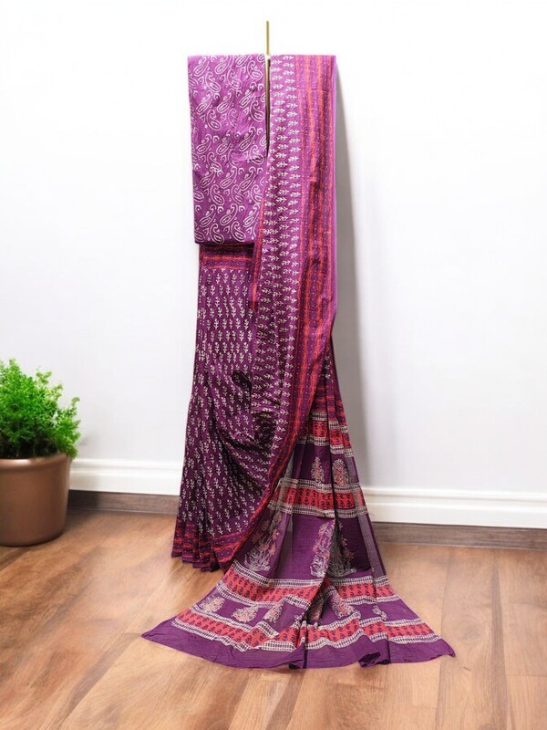 Wine Hand Block Print Pure Cotton Saree with Running Blouse