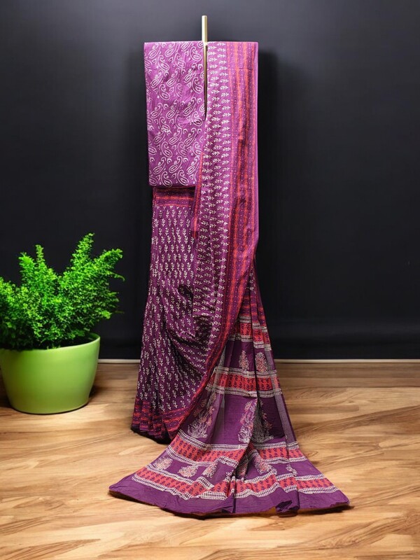Wine Hand Block Print Pure Cotton Saree with Running Blouse