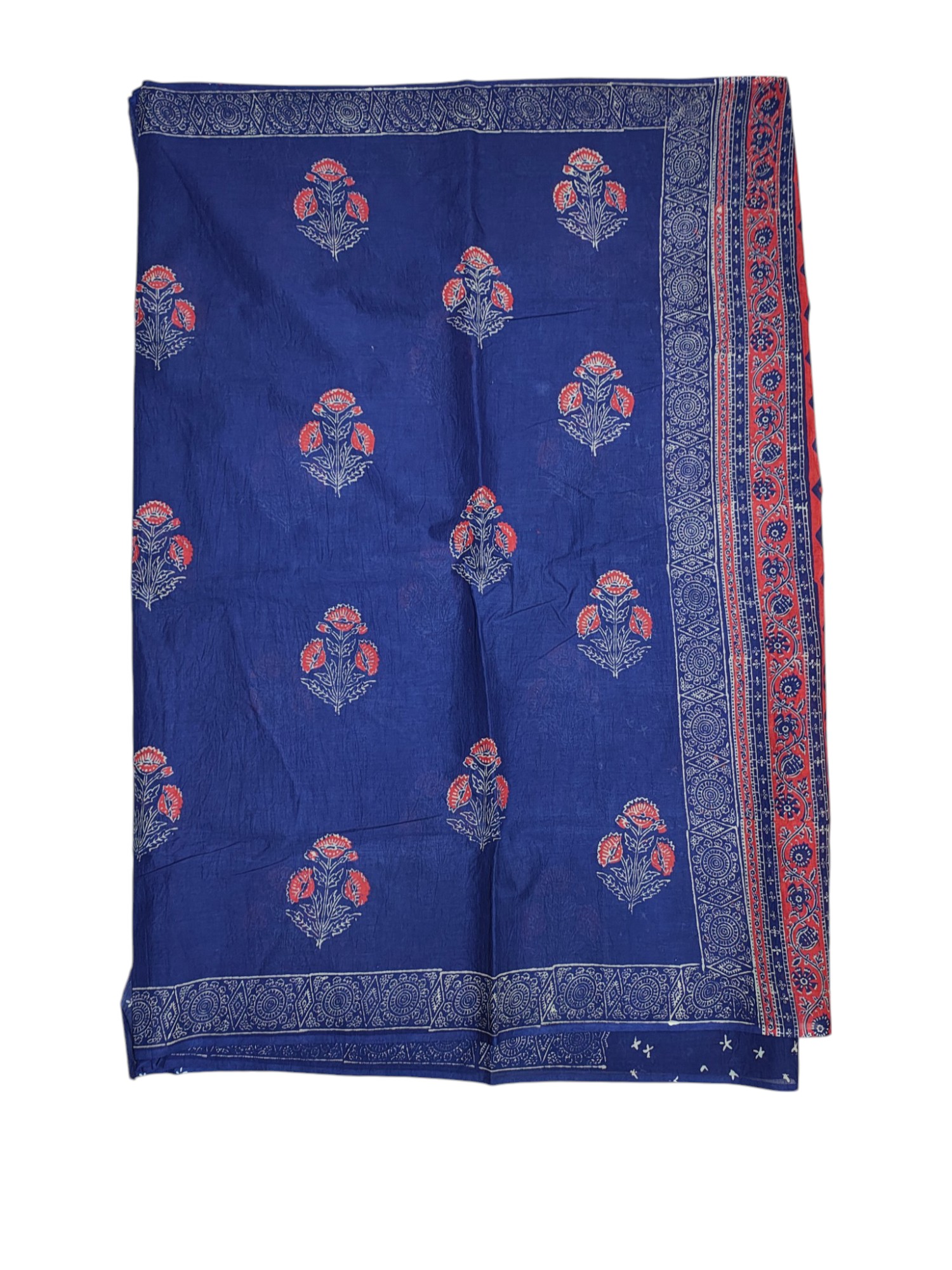 Indigo & Red Hand Block Print Pure Cotton Saree with Running Blouse