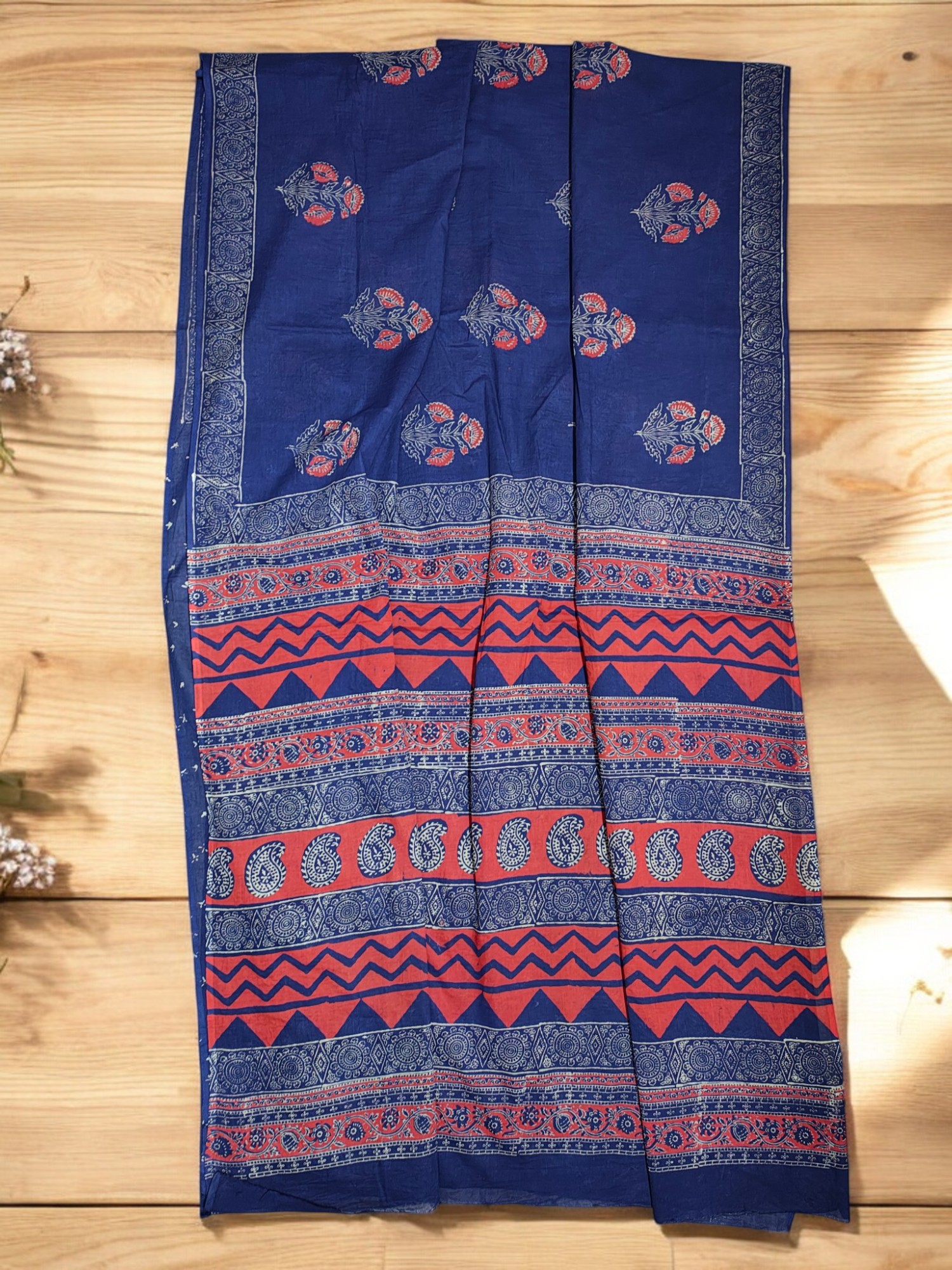 Indigo & Red Hand Block Print Pure Cotton Saree with Running Blouse