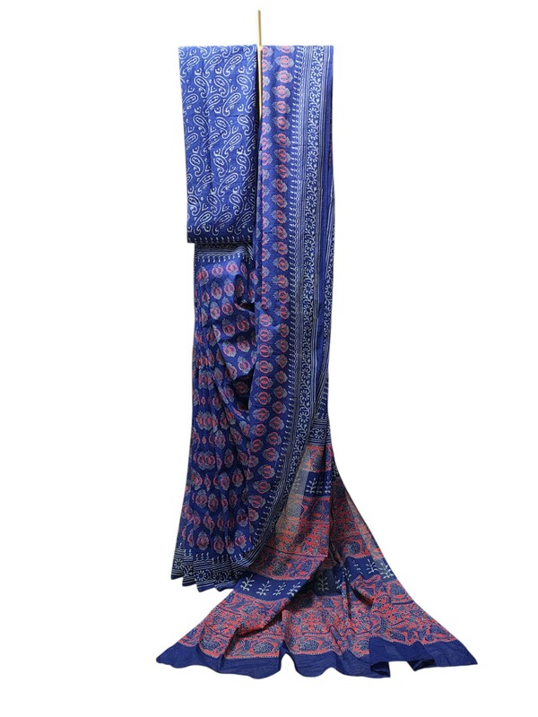 Indigo & Maroon Hand Block Print Pure Cotton Saree with Running Blouse
