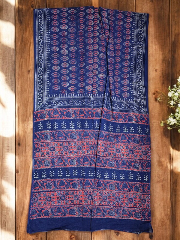 Indigo & Maroon Hand Block Print Pure Cotton Saree with Running Blouse