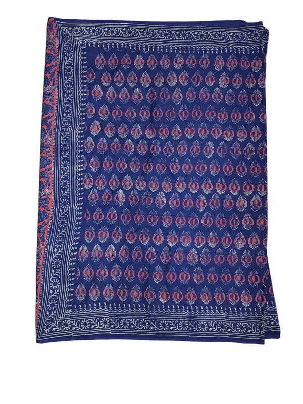 Indigo & Maroon Hand Block Print Pure Cotton Saree with Running Blouse
