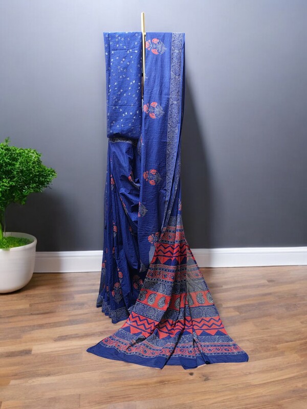 Indigo & Red Hand Block Print Pure Cotton Saree with Running Blouse