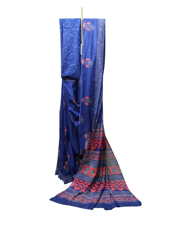 Indigo & Red Hand Block Print Pure Cotton Saree with Running Blouse