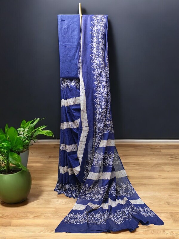 Indigo Hand Block Print Pure Cotton Saree with Running Blouse