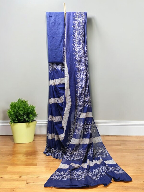 Indigo Hand Block Print Pure Cotton Saree with Running Blouse