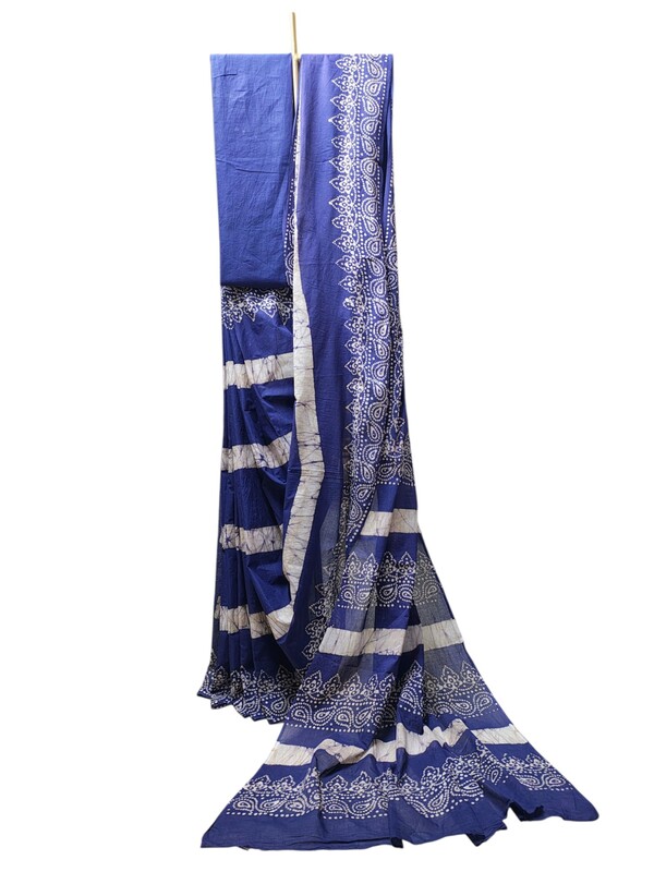Indigo Hand Block Print Pure Cotton Saree with Running Blouse