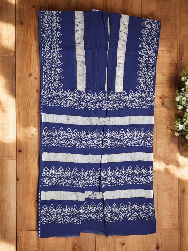 Indigo Hand Block Print Pure Cotton Saree with Running Blouse