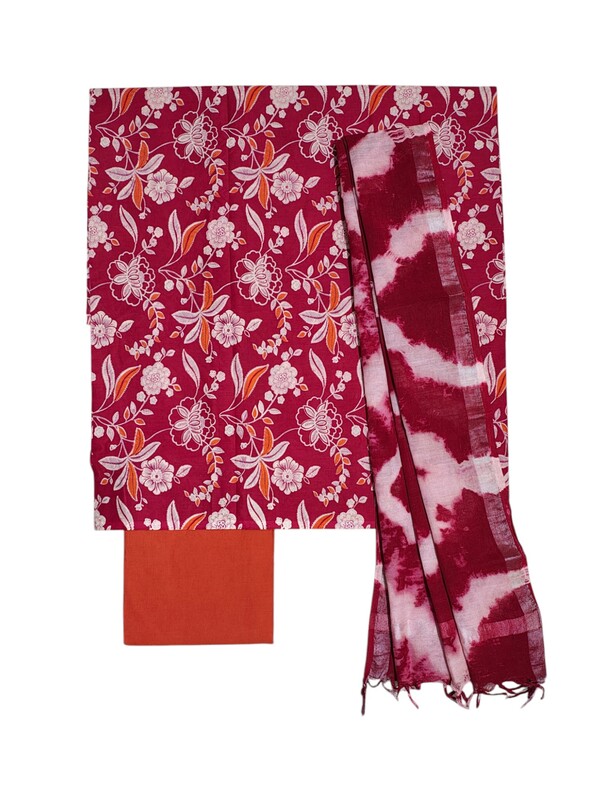 Maroon & Orange Unstitched Hand block Print Cotton Salwar Suit Set with Linen Dupatta for Women
