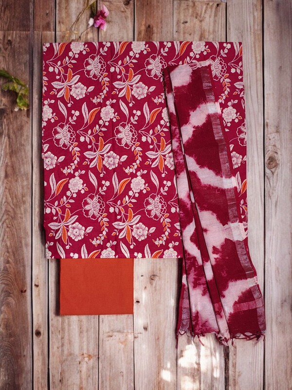 Maroon & Orange Unstitched Hand block Print Cotton Salwar Suit Set with Linen Dupatta for Women