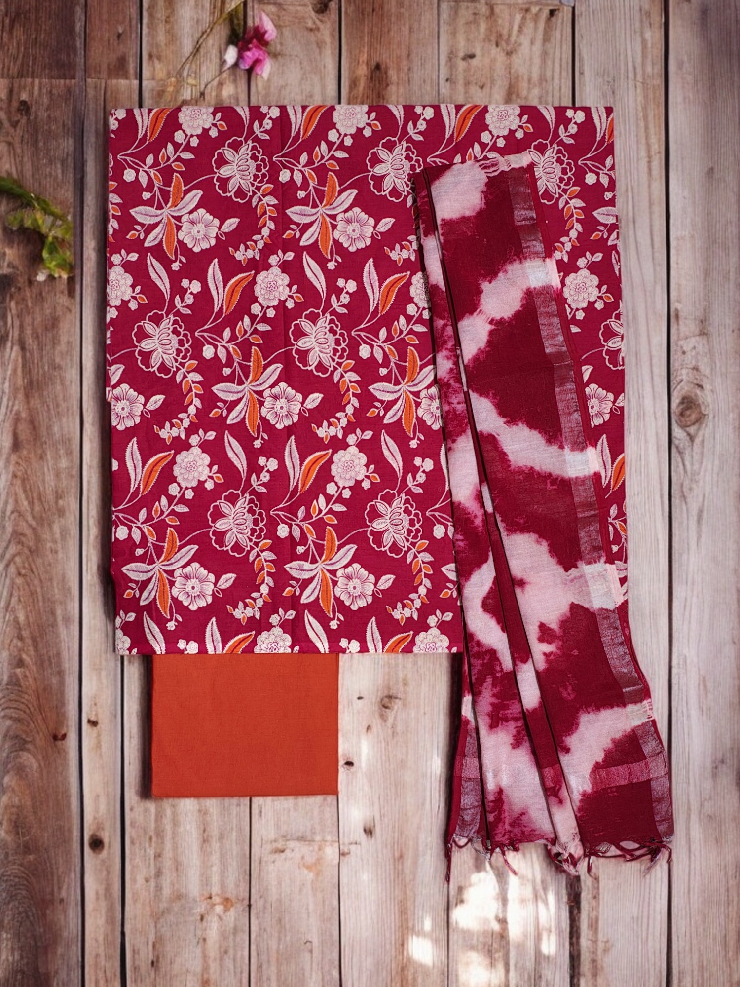 Maroon & Orange Unstitched Hand block Print Cotton Salwar Suit Set with Linen Dupatta for Women