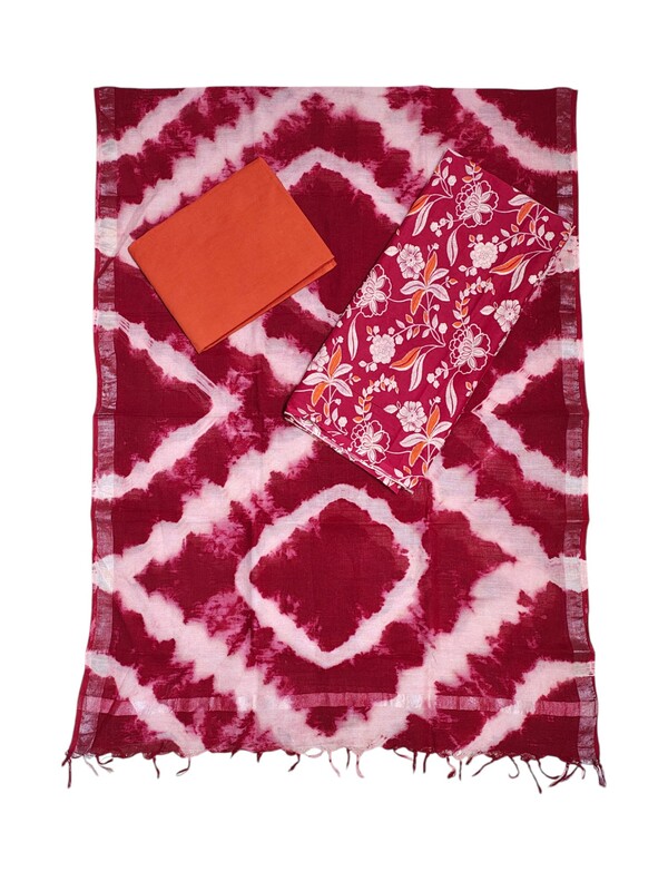 Maroon & Orange Unstitched Hand block Print Cotton Salwar Suit Set with Linen Dupatta for Women