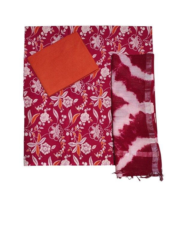 Maroon & Orange Unstitched Hand block Print Cotton Salwar Suit Set with Linen Dupatta for Women