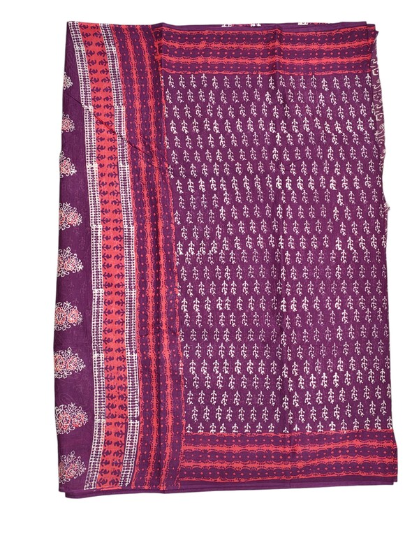 Wine Hand Block Print Pure Cotton Saree with Running Blouse