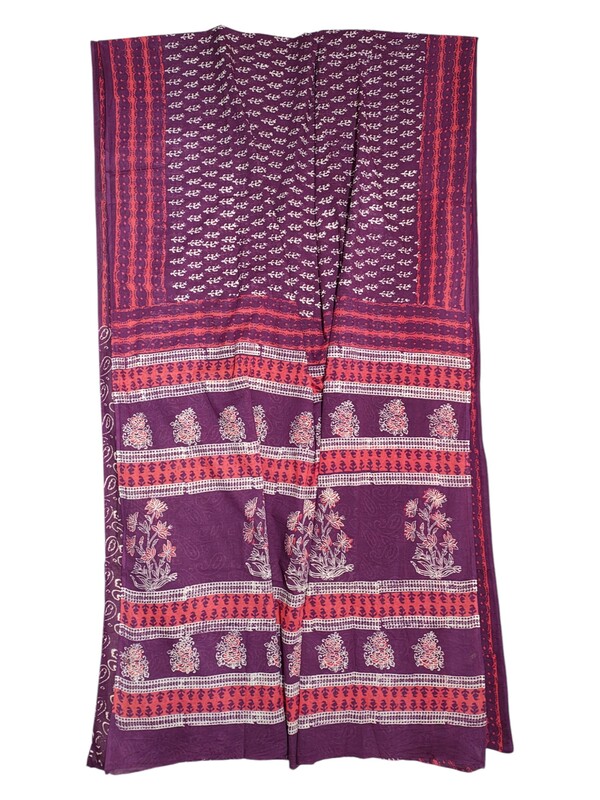 Wine Hand Block Print Pure Cotton Saree with Running Blouse