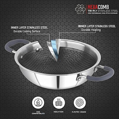 Granny Kitchen Triply Stainless Steel Honeycomb Non-Stick Kadai | Induction & Gas Compatible