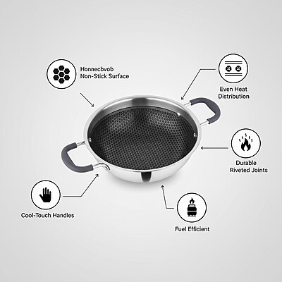 Granny Kitchen Triply Stainless Steel Honeycomb Non-Stick Kadai | Induction & Gas Compatible