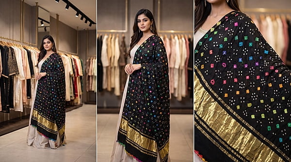 Kala Sanskruti Black & Multi Color Gaji Silk Bandhani Dupatta 2.5M Elegant Traditional Wear Gaji Dupatta for Women