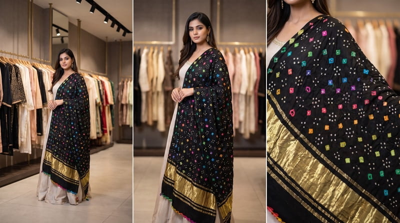 Kala Sanskruti Black & Multi Color Gaji Silk Bandhani Dupatta 2.5M Elegant Traditional Wear Gaji Dupatta for Women