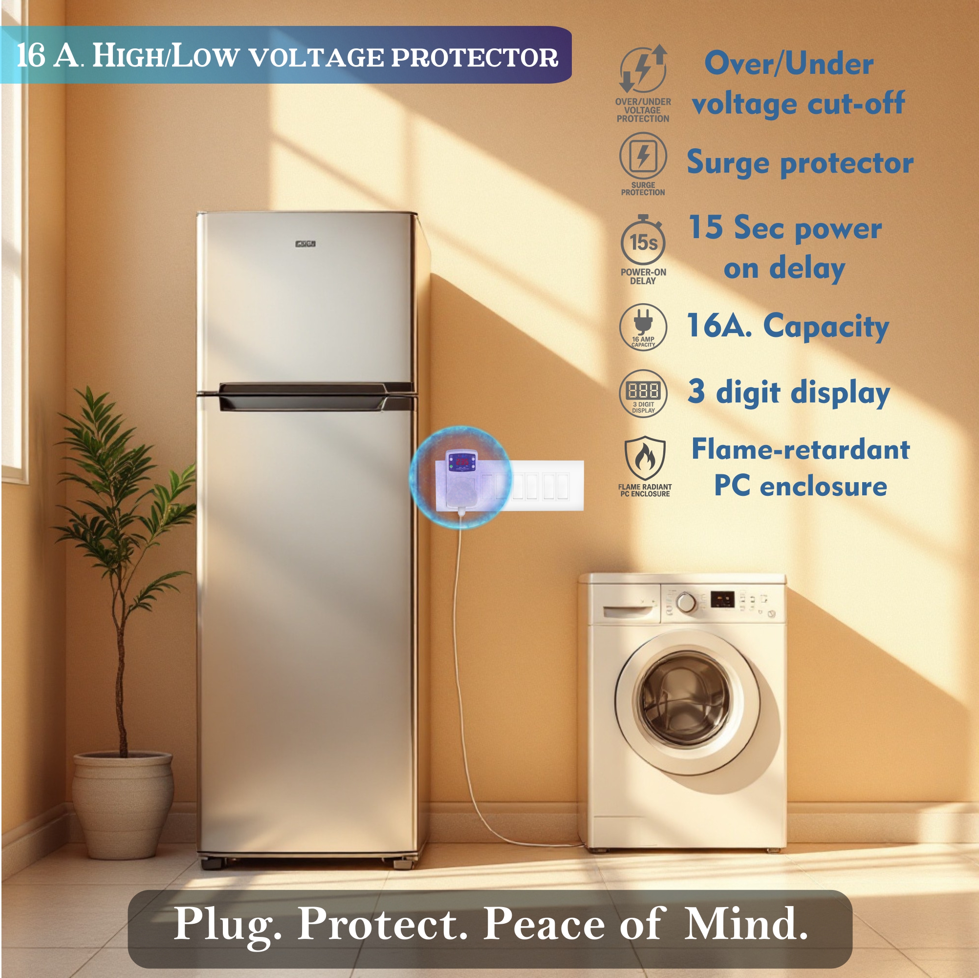 6 A Digital High, Low Voltage Cutoff/Protector Plug Socket,β 16AMP with Surge Protection