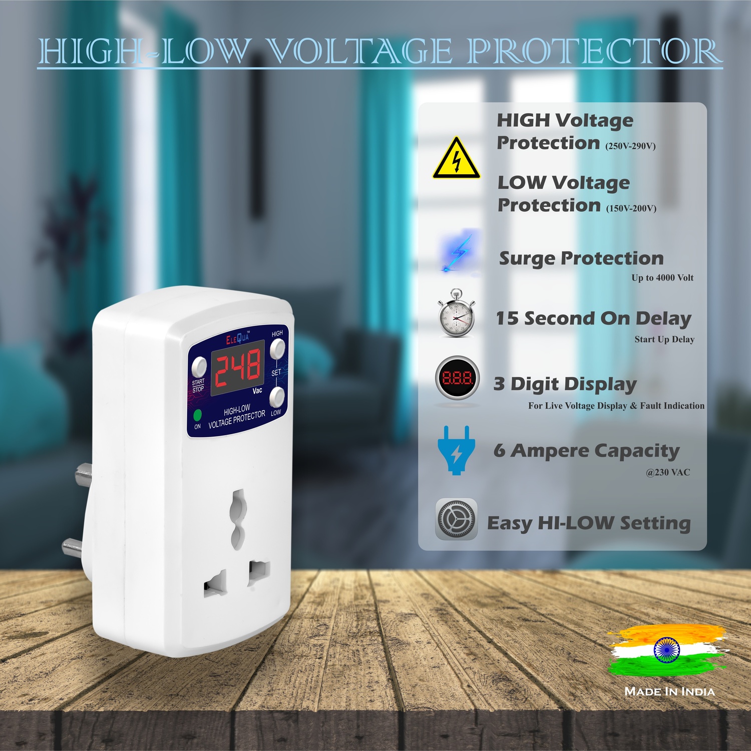 Digital High, Low Voltage Cutoff/Protector Plug Socket,– 6AMP With Surge Protection