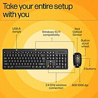 HP KM200 Wireless Mouse and Keyboard Combo, Full-Size Ergonomic Design, 3 Button and Built-in Scroll Wheel, 2.4 GHz Wireless connection HP KM200 Wireless Mouse and Keyboard Combo, Full-Size Ergonomic Design, 3 Button and Built-in Scroll Wheel, 2.4 GHz Wireless connection