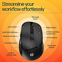HP M120 Wireless Mouse, USB-A Nano Dongle, 2.4 Ghz Wireless Connection, 6 Buttons, Up to 1600 Dpi, Optical Sensor, Ergonomic Design HP M120 Wireless Mouse, USB-A Nano Dongle, 2.4 Ghz Wireless Connection, 6 Buttons, Up to 1600 Dpi, Optical Sensor, Ergonomic Design