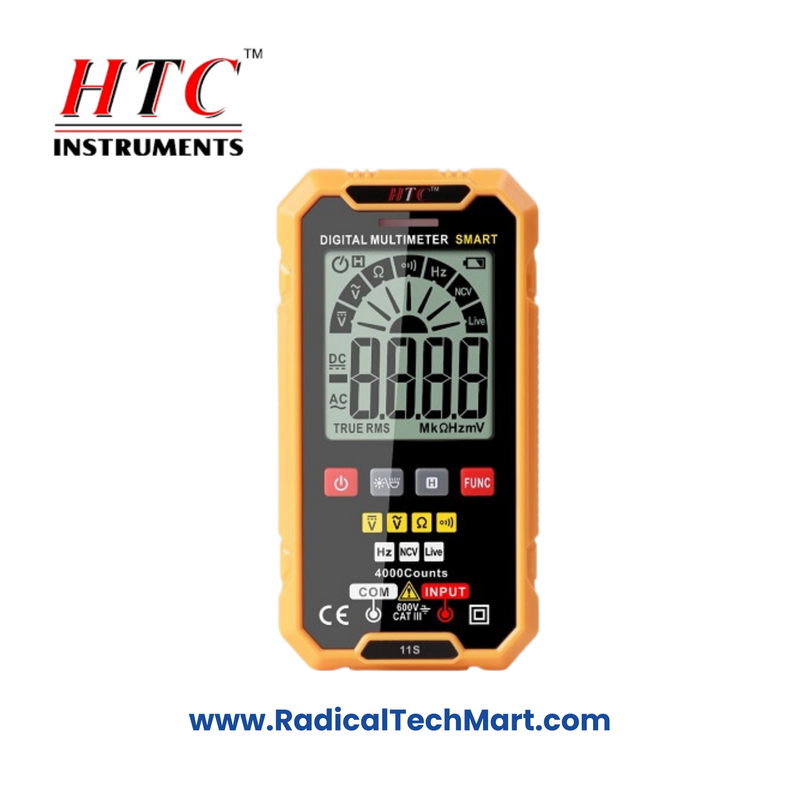 HTC Instruments 11S Smart Multimeter front view with display and test leads