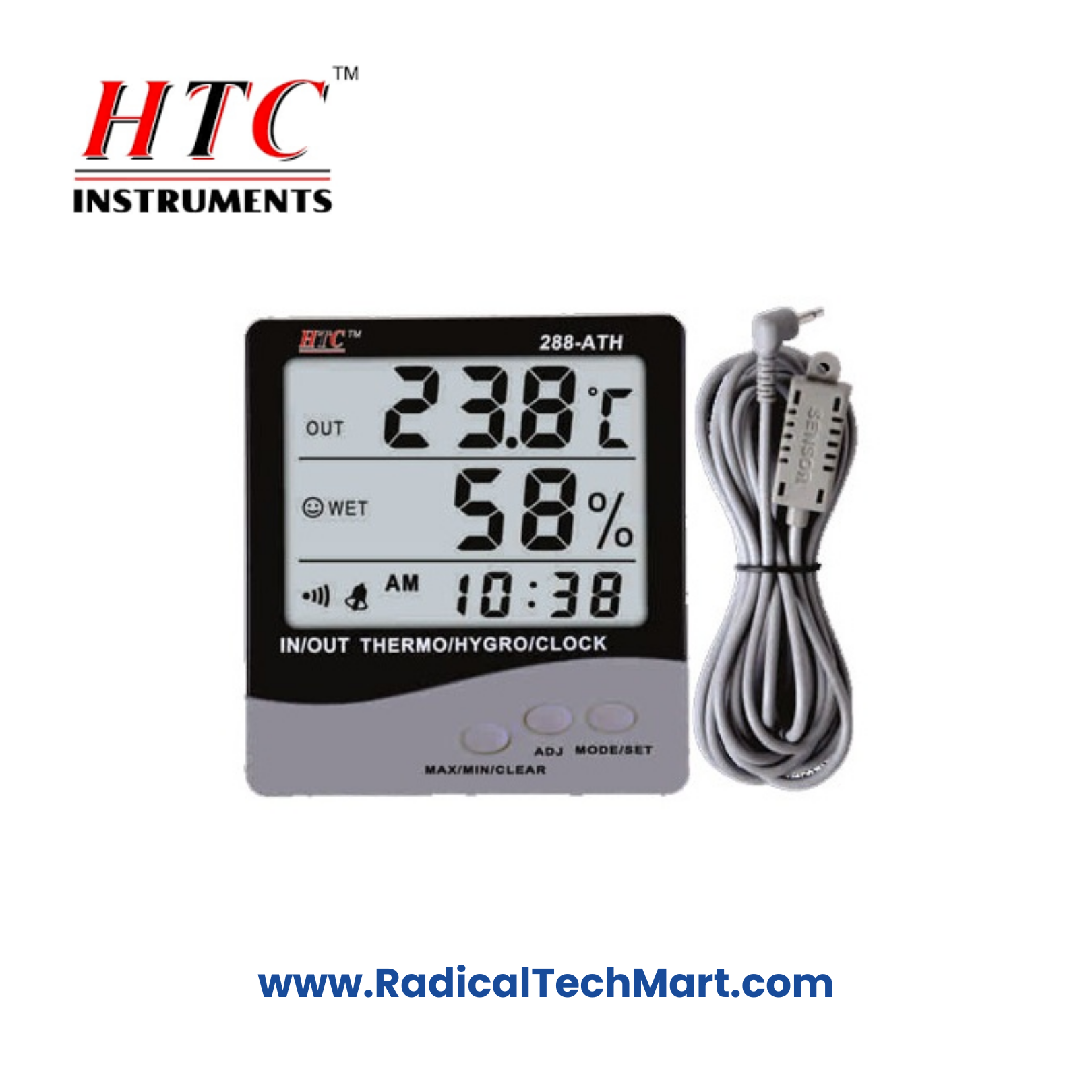 HTC 288-ATH Big Display Indoor-Outdoor Thermo Hygrometer with Clock - Front View