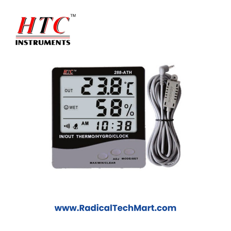 HTC 288-ATH Big Display Indoor-Outdoor Thermo Hygrometer with Clock - Front View