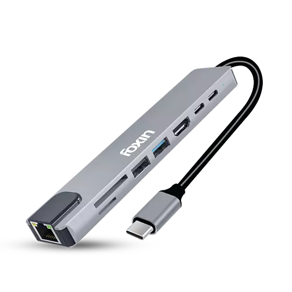 TYPE-C HUB FOXIN 8 IN 1 C-HUB 8 (RJ45+SD+TF+USB 2.0+USB 3.0+HDMI+TYPE-C+PD 100W)