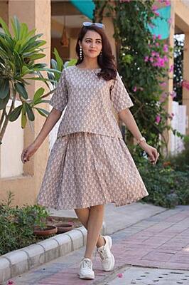 Hand Block Printed Skirt Top Set-Beige-1 Hand Block Printed Skirt Top Set-Beige-1