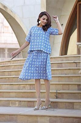 Hand Block Printed Skirt Top Set-Blue-1 Hand Block Printed Skirt Top Set-Blue-1