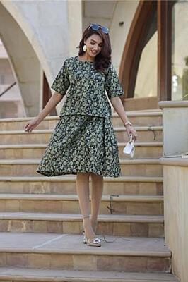 Hand Block Printed Skirt Top Set-Green-1 Hand Block Printed Skirt Top Set-Green-1