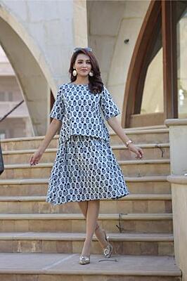 Hand Block Printed Skirt Top Set-Indigo-2 Hand Block Printed Skirt Top Set-Indigo-2