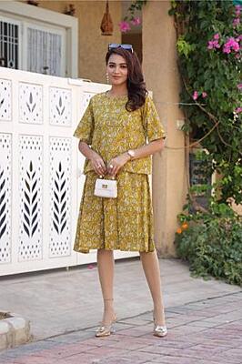 Hand Block Printed Skirt Top Set-Mustard-1 Hand Block Printed Skirt Top Set-Mustard-1