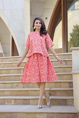 Hand Block Printed Skirt Top Set-Peach-1 Hand Block Printed Skirt Top Set-Peach-1