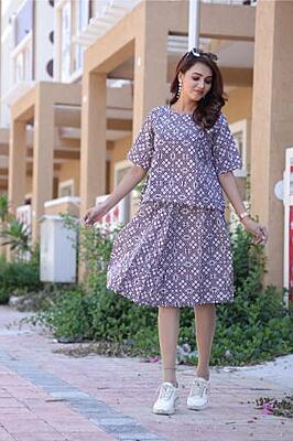 Hand Block Printed Skirt Top Set-Purple-2 Hand Block Printed Skirt Top Set-Purple-2