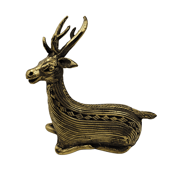 Handcrafted Brass Sitting Deer Figurine | Dhokra Tribal Patterns