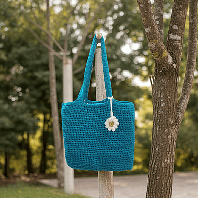 Handknitted Wool Tote Bag with Floral tag