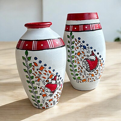 Handpainted Teracotta Vases White with Red Top Handpainted Teracotta Vases White with Red Top