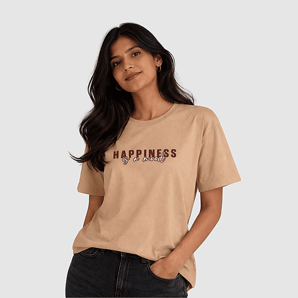 Women Beige Happiness is a mood Oversized Cotton T-Shirt
