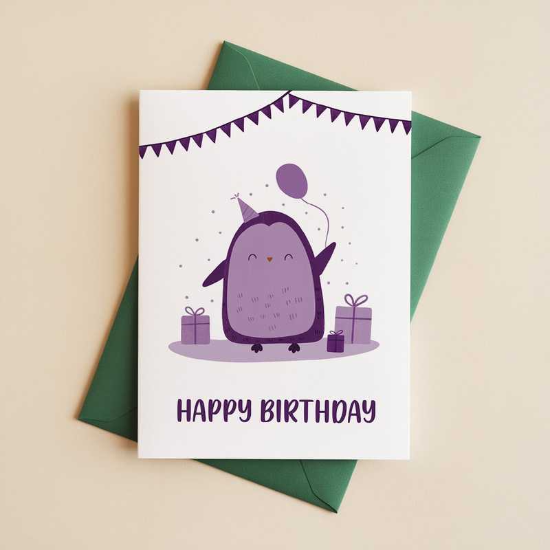 Cute Penguin Birthday Card | Illustrated Happy Birthday Greeting Card
