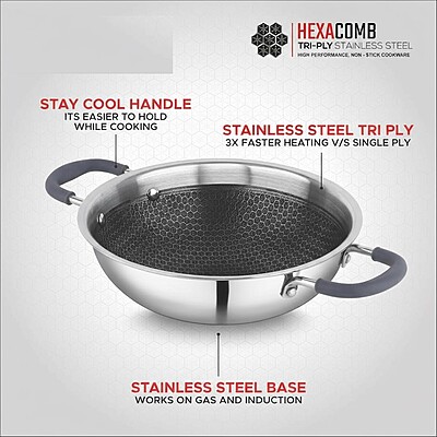 Granny Kitchen Triply Stainless Steel Honeycomb Non-Stick Kadai | Induction & Gas Compatible