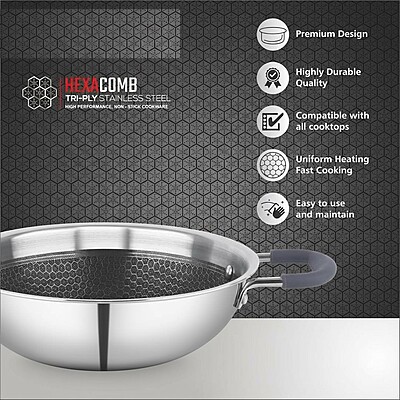 Granny Kitchen Triply Stainless Steel Honeycomb Non-Stick Kadai | Induction & Gas Compatible