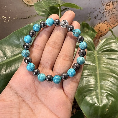 Turquoise+Hematite With Evil Eye Charm Crystal Bracelet