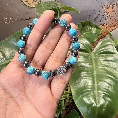 Turquoise+Hematite With Evil Eye Charm Crystal Bracelet