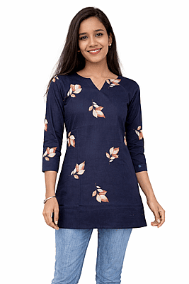 Women Navy Blue Leaf Printed Straight Tunic Top (3/4 Sleeve, V-Neck)