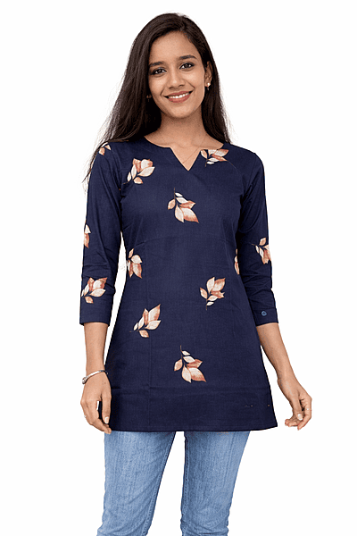 Women Navy Blue Leaf Printed Straight Tunic Top (3/4 Sleeve, V-Neck)